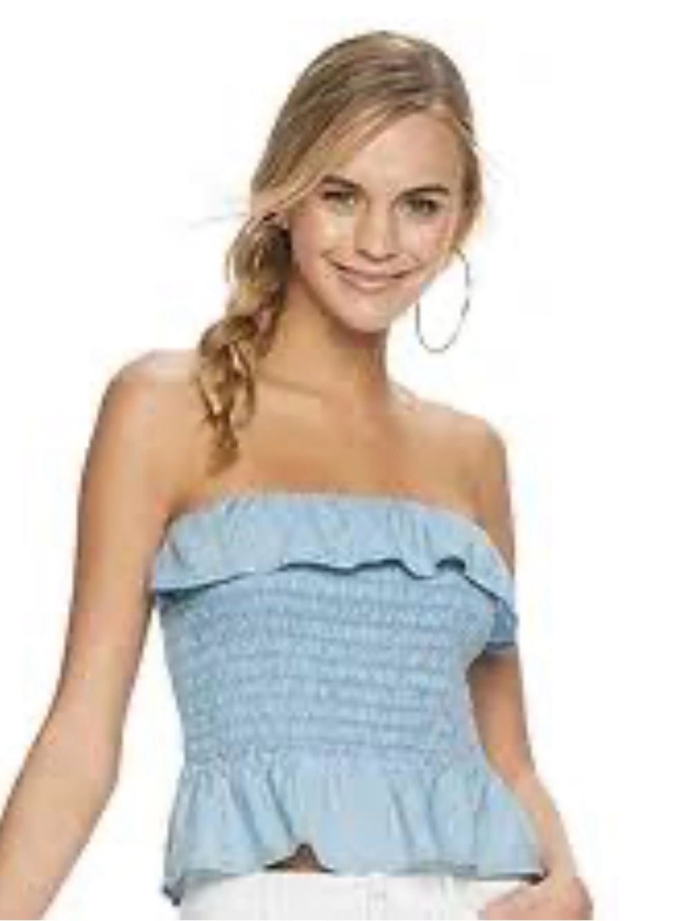 Candies Women’s Light Blue Smocked Cropped Ruffle Top, Size Small NWT